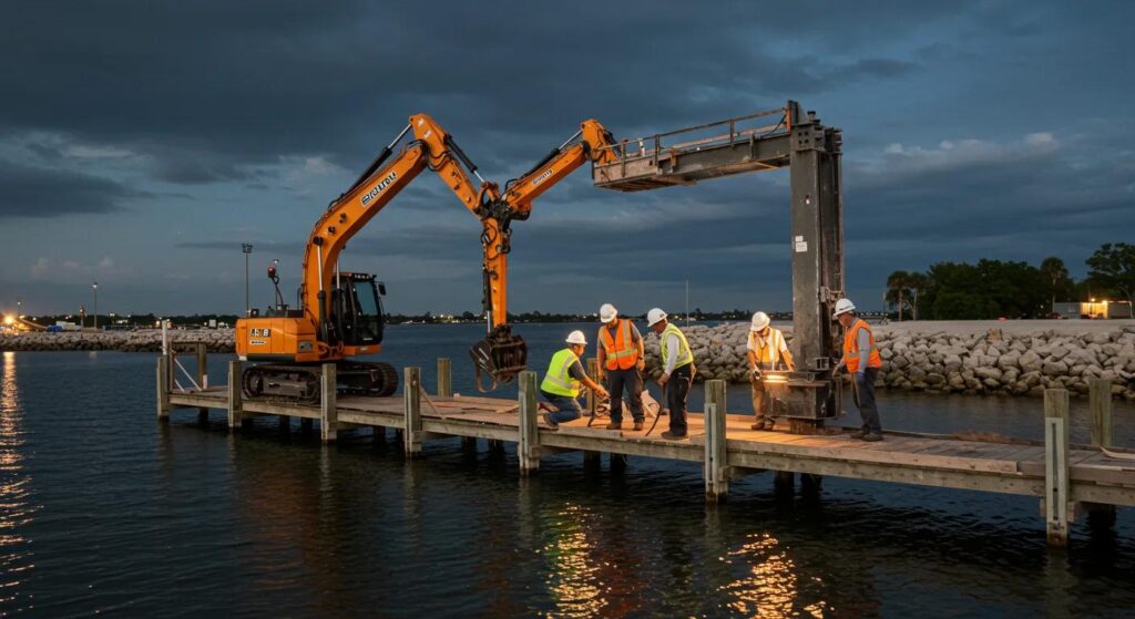 a bustling construction site in florida showcases dedicated dock builders collaboratively inspecting a meticulously maintained dock, highlighting the importance of effective maintenance schedules for cost savings and safety.