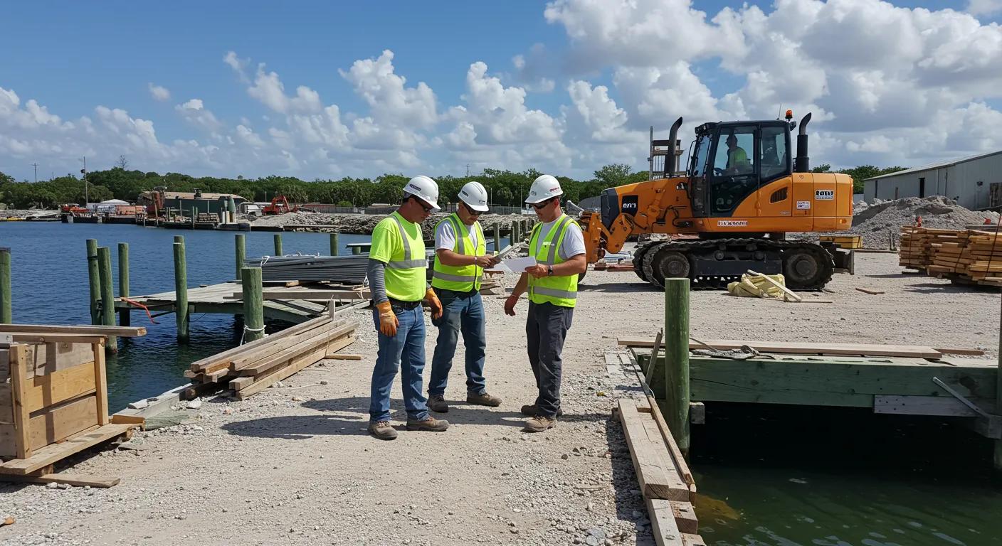 a dynamic construction site in florida features skilled dock builders collaborating under a bright blue sky, surrounded by piles of equipment and materials, emphasizing the essential permits and regulations guiding their work.