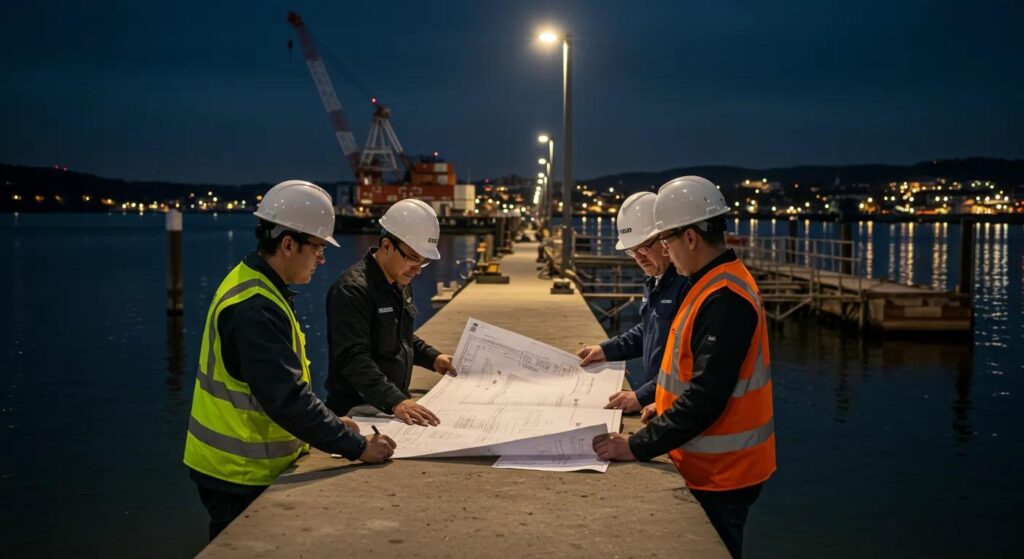 a bustling construction site on the waterfront showcases diligent dock builders in hard hats reviewing architectural blueprints and essential permits, with modern building equipment and a partially constructed dock in the background under bright, artificial lighting.