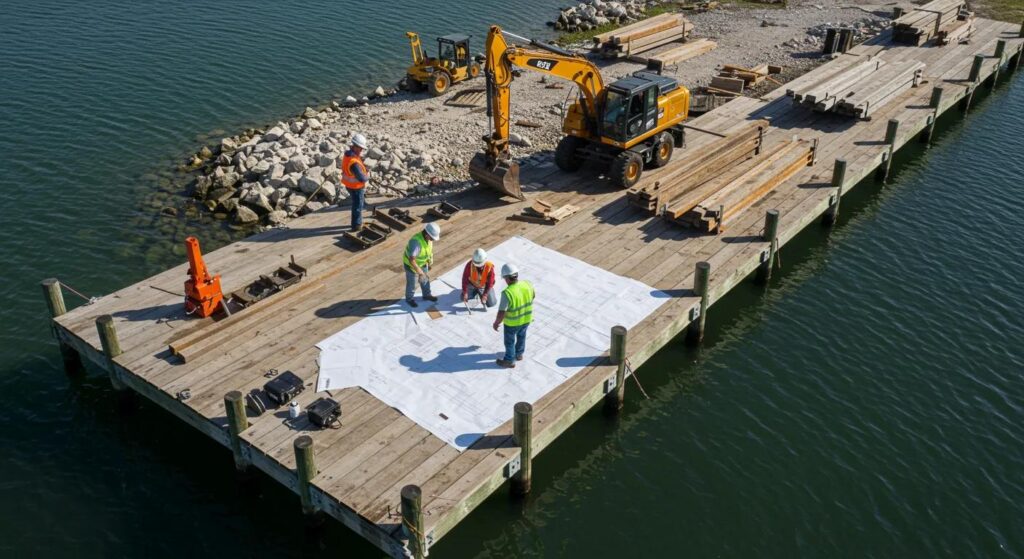 a dynamic construction site in florida, showcasing skilled dock builders collaborating on intricate engineering plans, surrounded by heavy machinery and dock materials, emphasizing the precision and innovation required to mitigate design flaws for safe and durable dock construction.
