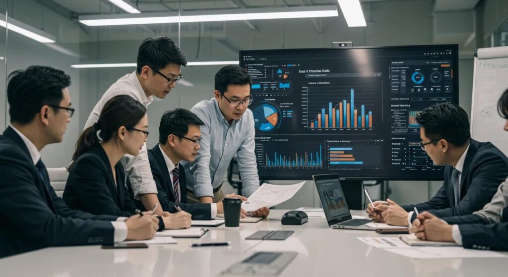 a focused team huddles around a glossy conference table in a modern office, analyzing digital budget and project schedule graphics displayed on a large screen, embodying the essence of post-project evaluation and strategic refinement.