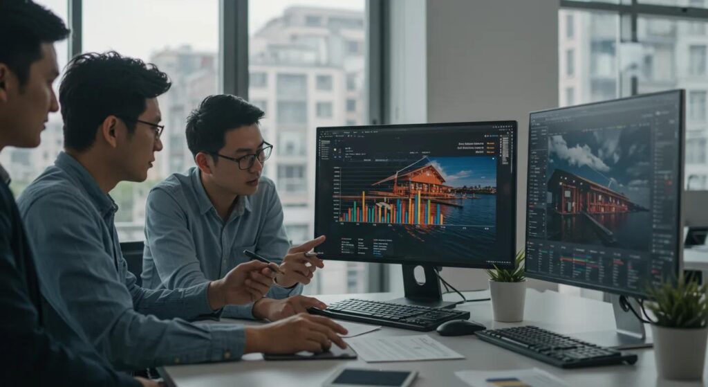 in a bright, modern office filled with sleek furniture, a focused team of professional dock builders analyzes a digital financial dashboard displaying a vibrant comparison of projected versus actual costs post-project, highlighting key performance insights and strategic discussions for future endeavors.