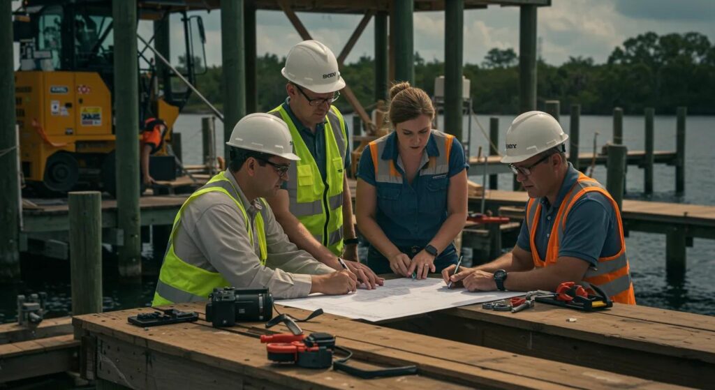 a professional dock construction team strategizes plans on a bustling job site in florida, surrounded by tools and equipment, highlighting their expertise and commitment to delivering quality results on schedule.