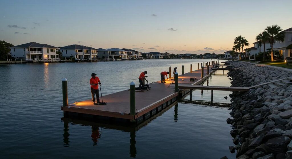 a vibrant waterfront scene showcases skilled dock builders in florida constructing a sleek floating dock, highlighting its innovative design and advantages over traditional stationary docks against a backdrop of modern waterfront properties.