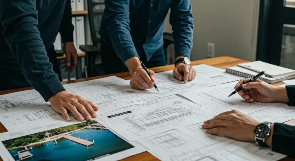 a focused office environment showcases a team of professionals intently reviewing detailed proposals and contract documents, surrounded by blueprints of residential docks, emphasizing diligence and precision before selecting a dock builder.