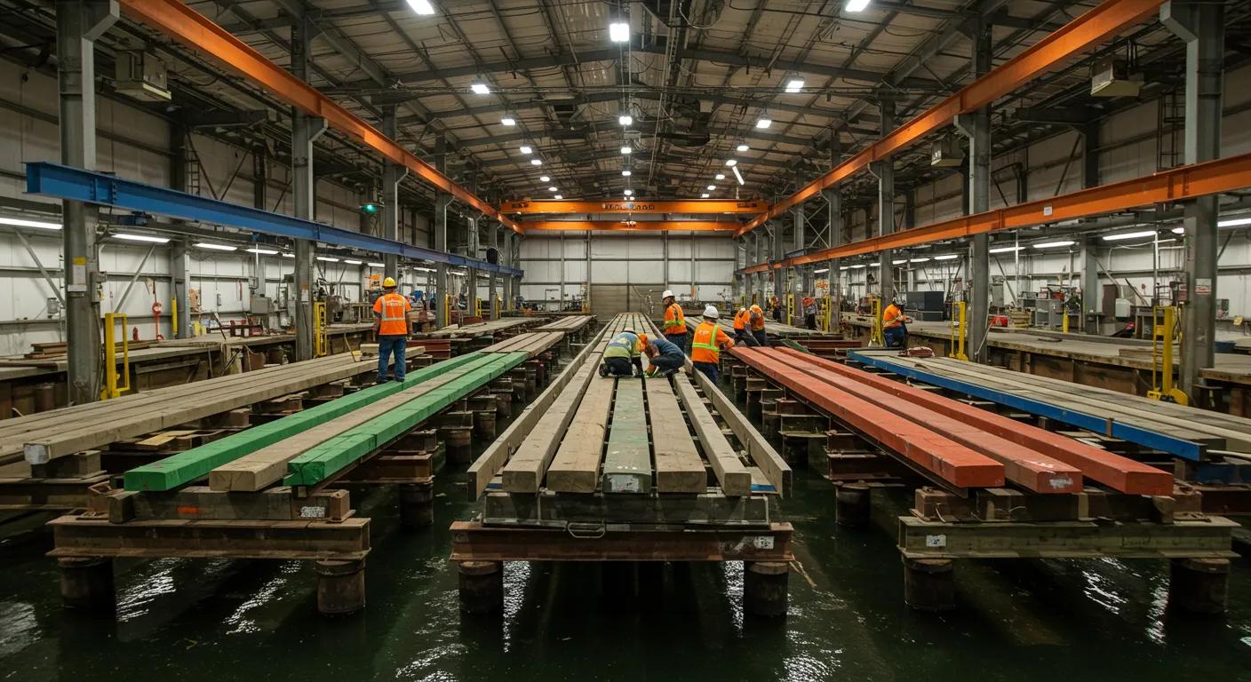 a bustling florida dock repair facility showcases a team of dedicated workers expertly inspecting and maintaining a variety of vibrant, well-crafted docks under the bright, artificial glow of industrial lighting.