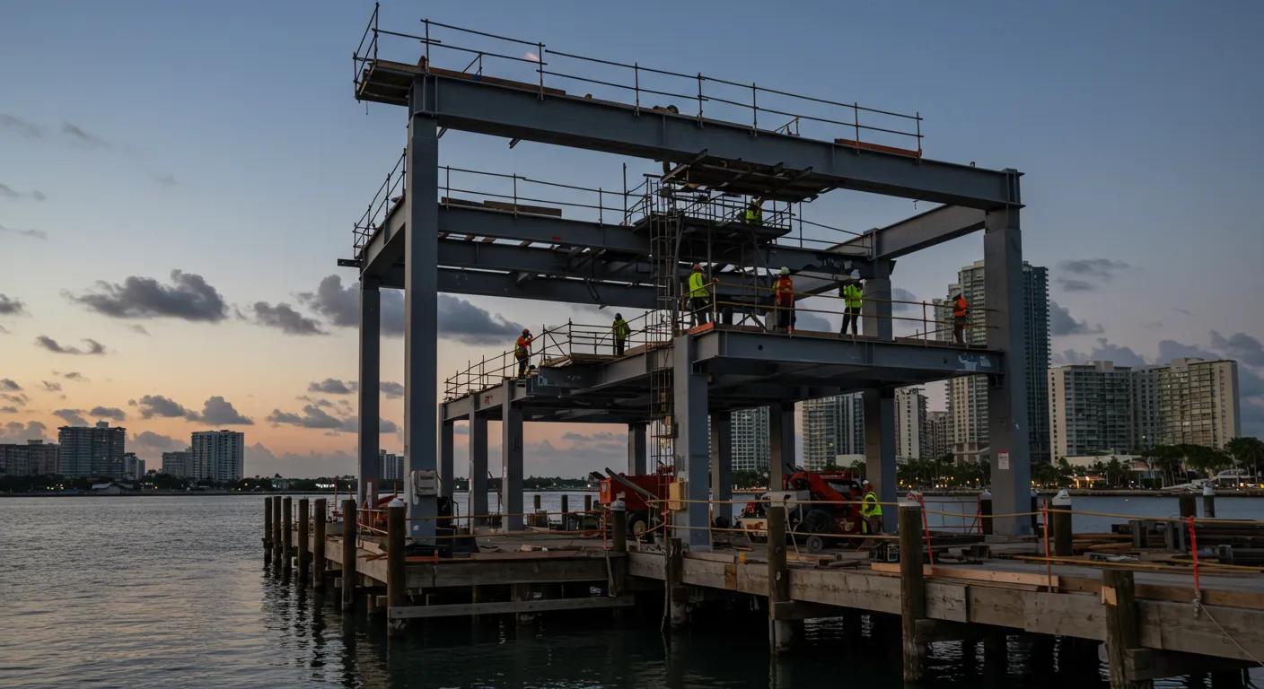 a bustling dock construction site in florida showcases dedicated builders meticulously assembling structures against a backdrop of urban development, highlighting the intricate timeline and labor involved in the process.