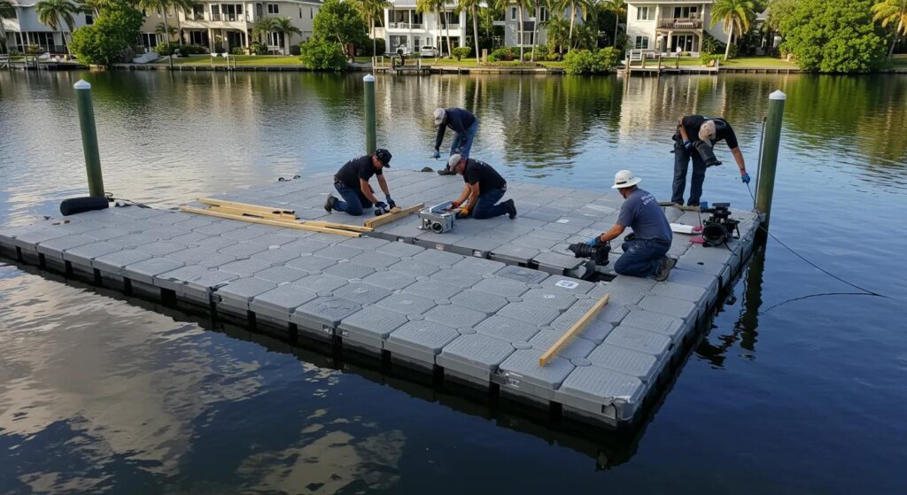 a wide-angle view of skilled dock builders in florida meticulously assembling a versatile floating dock, showcasing its sleek design against the vibrant backdrop of a waterfront property, highlighting the dock's adaptability to varying water levels.