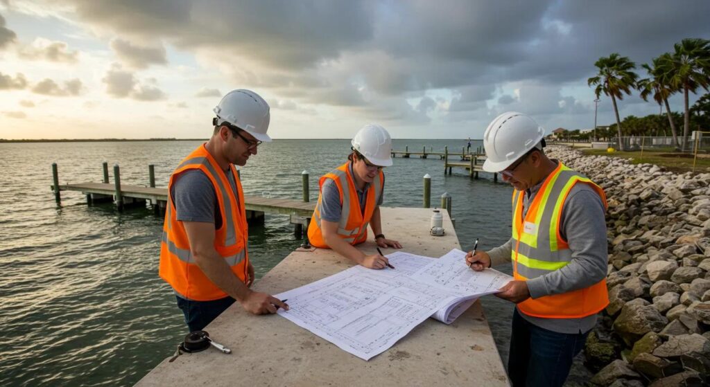 a bustling construction site in florida showcases dedicated residential dock builders actively reviewing blueprints and discussing permits, framed by vibrant waters and a clear sky, highlighting the importance of navigating the permitting process.