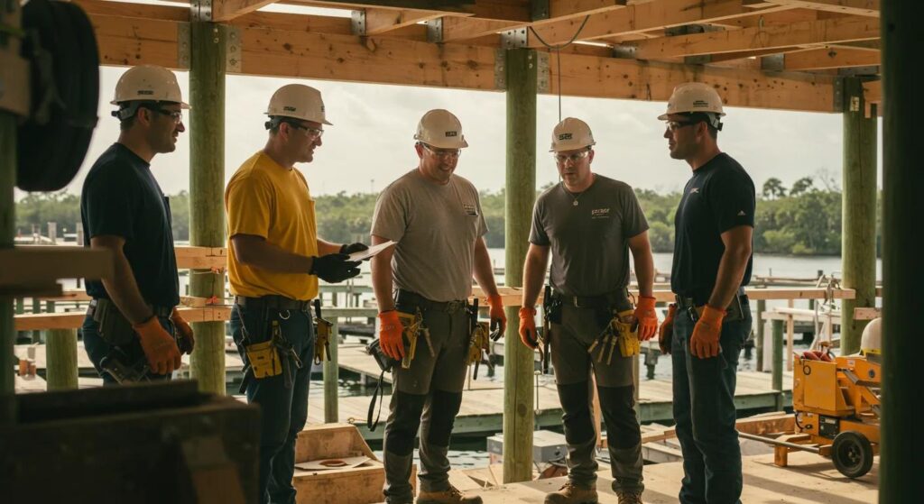 a dynamic construction team of dock builders energetically collaborates in a sunlit florida worksite, surrounded by tools and materials, exemplifying a proactive maintenance culture that enhances safety and teamwork.