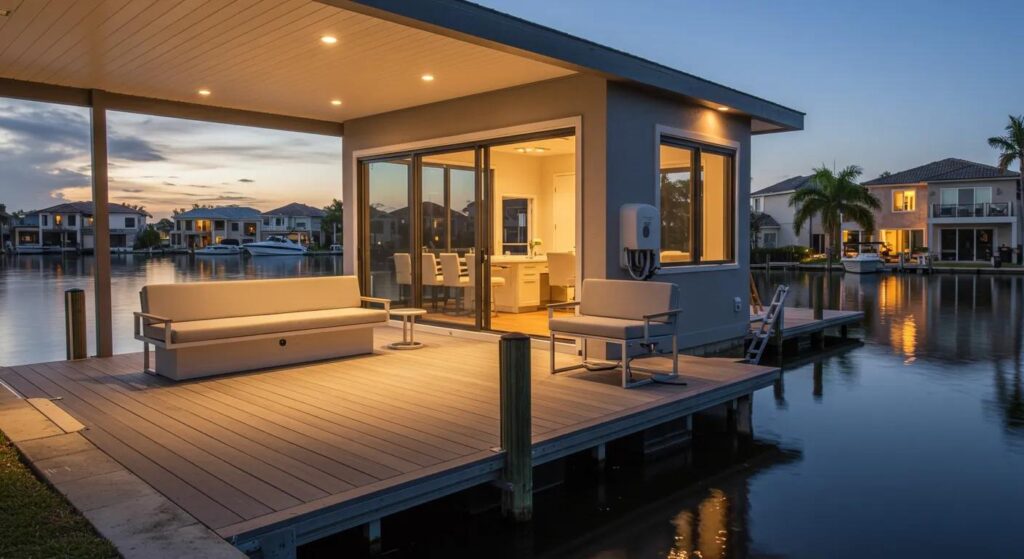 a sleek, modern dock under construction in a vibrant florida setting, showcasing various optional features like a boat lift, integrated seating, and electrical systems, highlighting the craftsmanship of dedicated builders against a backdrop of contemporary residential architecture.
