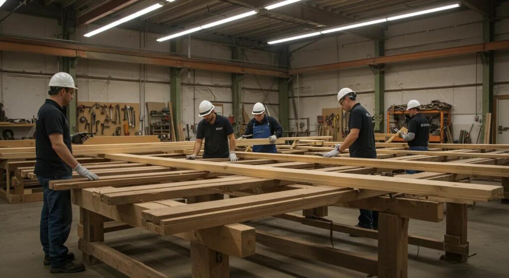 a dynamic workshop filled with skilled dock builders assessing the durability of various wood and composite materials against a backdrop of structured tools and workstations, illuminated by bright overhead lights.