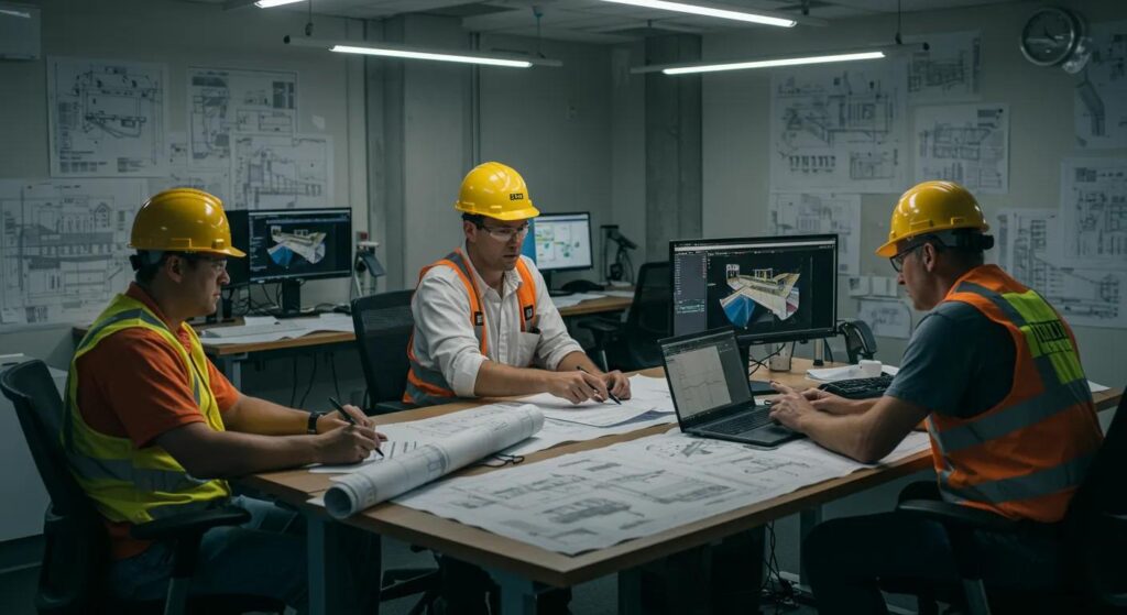 a bustling construction office, filled with blueprints and digital displays, showcases dedicated dock builders in florida engaged in a focused discussion about navigating permitting and regulatory challenges, illuminated by bright overhead lights that emphasize the intensity of their collaboration.