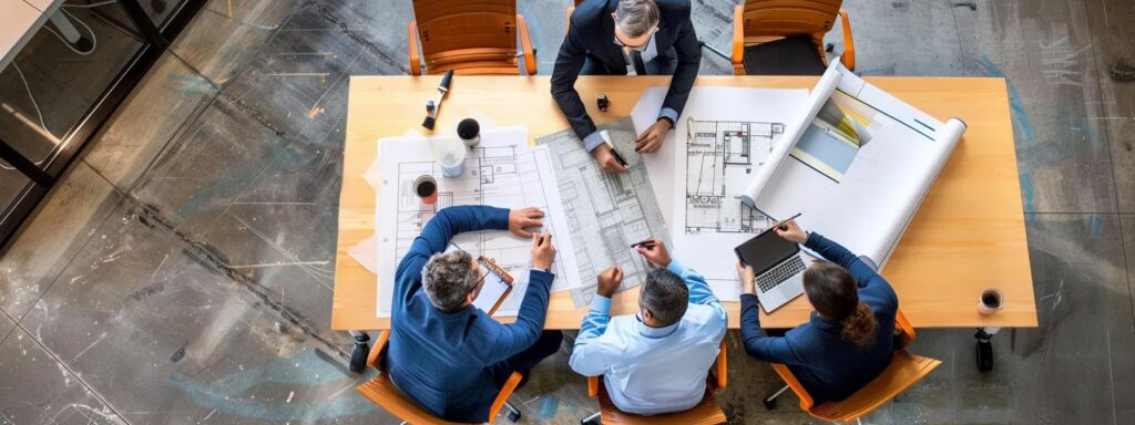 a bright and dynamic office scene showcasing a diverse team of professionals engaged in a collaborative discussion around a large table, with blueprints and repair project plans spread out before them, emphasizing effective communication in the context of dock building in florida.