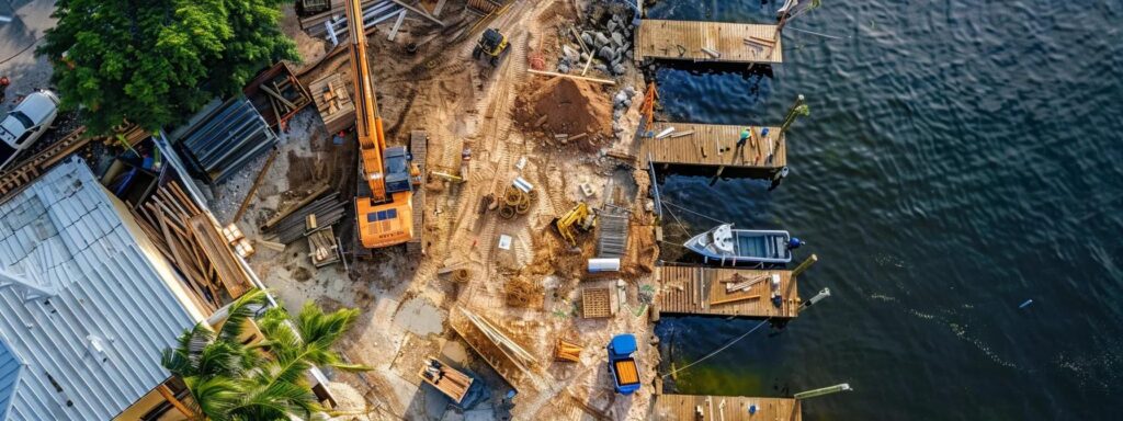 a bustling construction site along a florida waterfront showcases diligent dock builders collaborating on a meticulously maintained dock, emphasizing efficiency and proactive upkeep to prevent delays in project timelines.