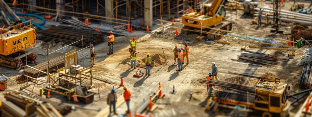 a bustling construction site in florida showcases diligent dock builders engaged in focused discussions, surrounded by vibrant blueprints and industrial tools, emphasizing effective management of contractor and labor issues.
