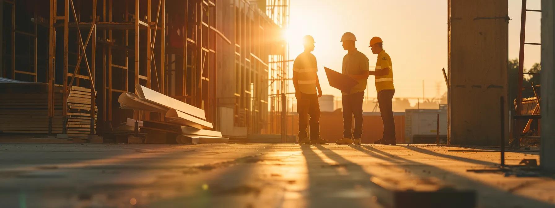 a bustling construction site in florida featuring diligent dock builders meticulously reviewing blueprints and permits under the bright overhead lights of a temporary office trailer, showcasing the contrast between dock construction permits and building codes.