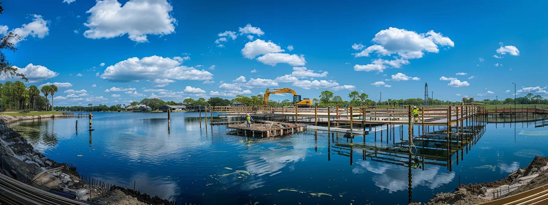 a bustling construction site on a tranquil lake in central florida, showcasing skilled workers expertly assembling a modern dock with steel beams and wooden planks under a vibrant blue sky, highlighting the industrious atmosphere of maritime development.