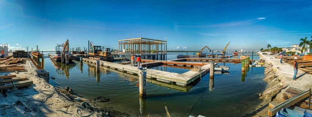a bustling construction site on a florida waterfront, featuring diligent dock builders collaborating amidst half-constructed docks, surrounded by tools and equipment under a bright, clear sky.