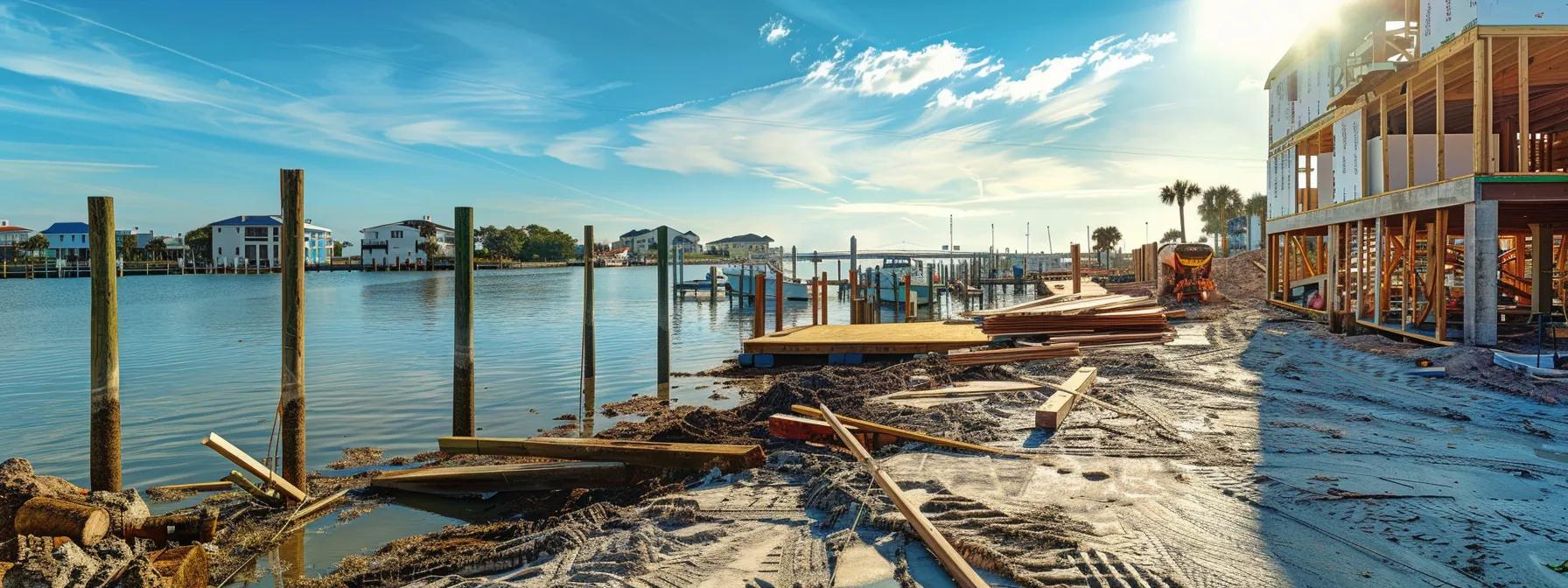 a bustling dock construction site in florida, featuring skilled builders working with robust, water-resistant materials under the bright sun, creating resilient waterfront docks.