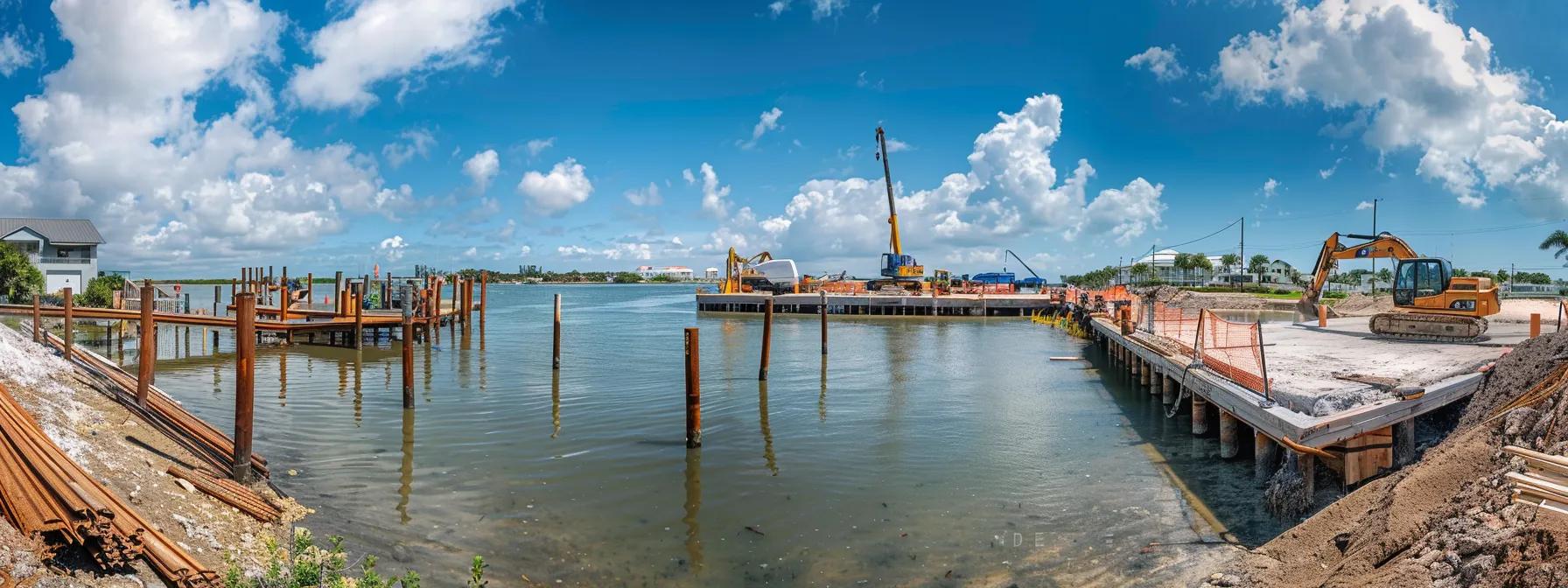 a bustling dock construction site in florida showcases skilled builders expertly installing a sturdy wooden dock against a backdrop of modern machinery and bright blue skies, highlighting the essential factors that impact budget decisions in residential projects.