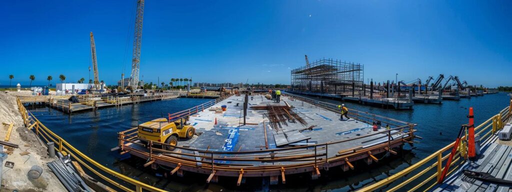 a bustling dock construction site in florida showcases skilled builders meticulously assembling a robust, corrosion-resistant composite dock, framed by an array of advanced tools and materials, under a bright, clear blue sky.