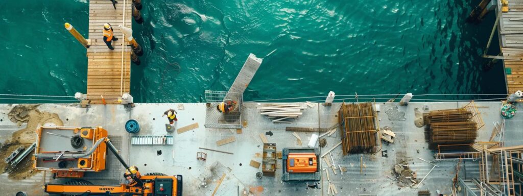 a bustling dock construction site in florida, showcasing skilled workers collaborating on a custom dock layout amidst construction equipment and building materials, emphasizing functionality and adaptability in their design approach.