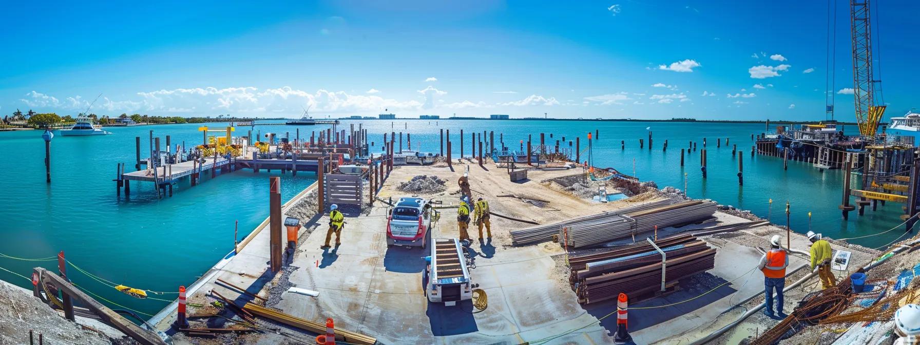 a bustling dock construction site in florida, featuring skilled builders carefully inspecting safety measures and equipment against a backdrop of vibrant blue waters and a clear sky, emphasizing stringent safety standards.