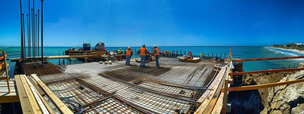 a bustling dock construction site in florida, featuring skilled workers using advanced technology and materials for building and inspecting durable docks, with a backdrop of clear blue skies and ocean waves, emphasizing the importance of safety and innovation in dock maintenance.