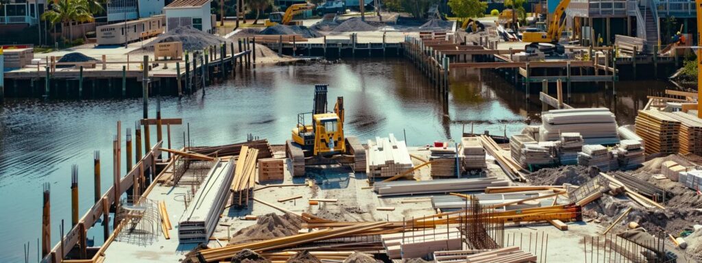 a bustling dock construction site in florida, featuring dedicated builders focused on precise budgeting and scheduling, surrounded by detailed blueprints and tools amidst the vibrant setting of the waterfront.