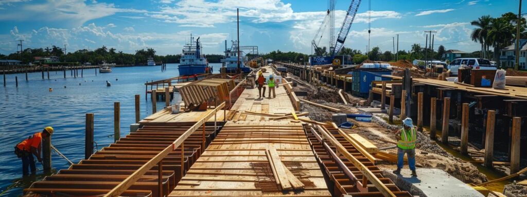 a bustling dock construction site in florida, featuring skilled workers assembling durable floating dock systems designed to thrive in various water body types, with an array of coastal waters and industrial equipment in the backdrop.