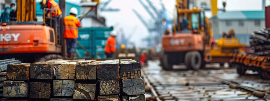 a bustling dock environment in florida showcases hardworking builders efficiently securing unstable cargo while adhering to strict safety protocols, with heavy machinery seen in the background, highlighting the importance of addressing dock safety hazards.