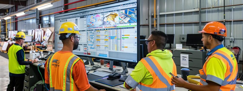 a bustling dock maintenance office in florida showcases a team of dedicated builders collaborating around a large digital monitor displaying a detailed maintenance schedule, with equipment and tools organized neatly in the background to emphasize efficiency and professionalism.