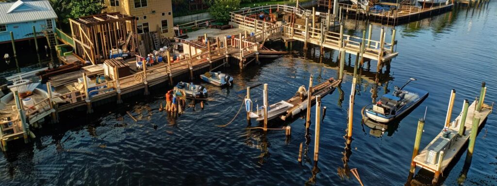 a bustling dock repair site in florida showcases skilled builders intensely focused on applying high-quality marine-grade materials, surrounded by tools and equipment, under the bright florida sun illuminating the sturdy wooden structures being reinforced.