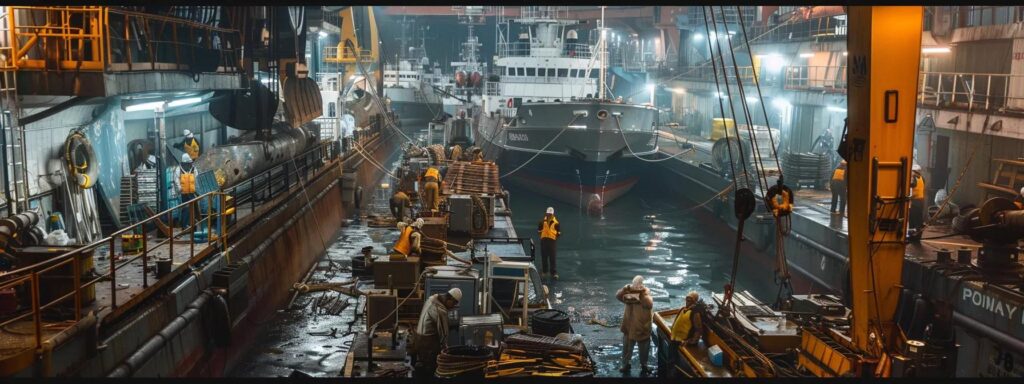 a bustling dockyard scene showcases skilled technicians conducting essential repair and maintenance on ships, surrounded by industrial machinery and tools under bright, focused artificial lighting.