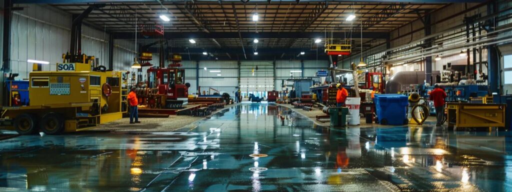 a bustling florida dock maintenance workshop showcases skilled workers inspecting and refurbishing various dock components, with tools and equipment neatly arranged, under bright artificial lighting that emphasizes the detailed workmanship and efficient operations involved in maintaining maritime structures.