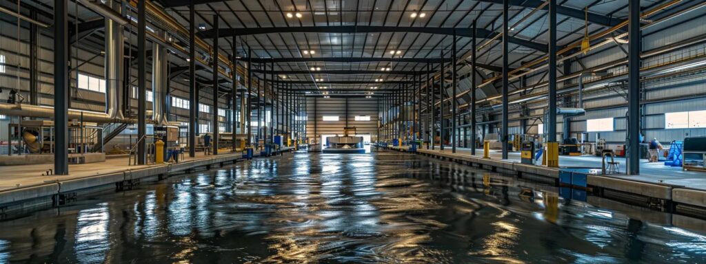 a bustling florida dock maintenance facility showcases skilled workers actively cleaning and inspecting robust dock components under bright, artificial lighting, emphasizing their dedication to preserving dock longevity and safety.