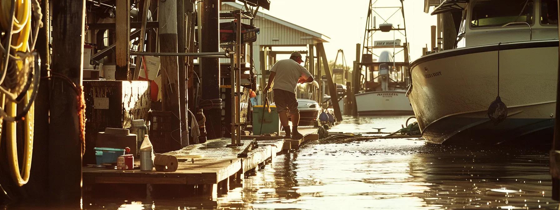 a bustling florida dock maintenance workshop showcases skilled workers meticulously repairing and inspecting wooden platforms under bright artificial lights, highlighting the intricate details of their craftsmanship and the essential tools of their trade.