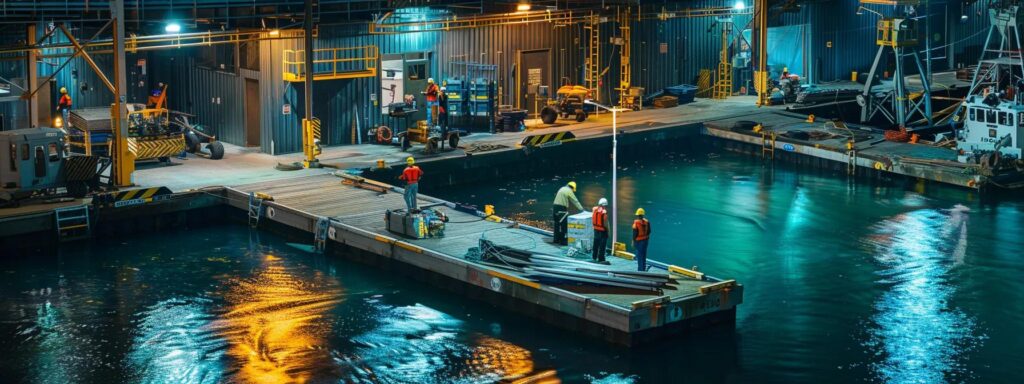 a bustling dockyard in florida showcases residential dock builders diligently reviewing a comprehensive safety compliance checklist, with safety equipment and organized materials prominently displayed in a sunlit, industrial setting.