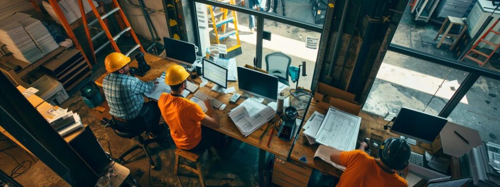 a bustling florida office filled with focused dock builders collaborating over blueprints and digital screens, surrounded by charts illustrating permitting timelines and compliance measures, reflecting the critical nature of securing approvals for construction projects.