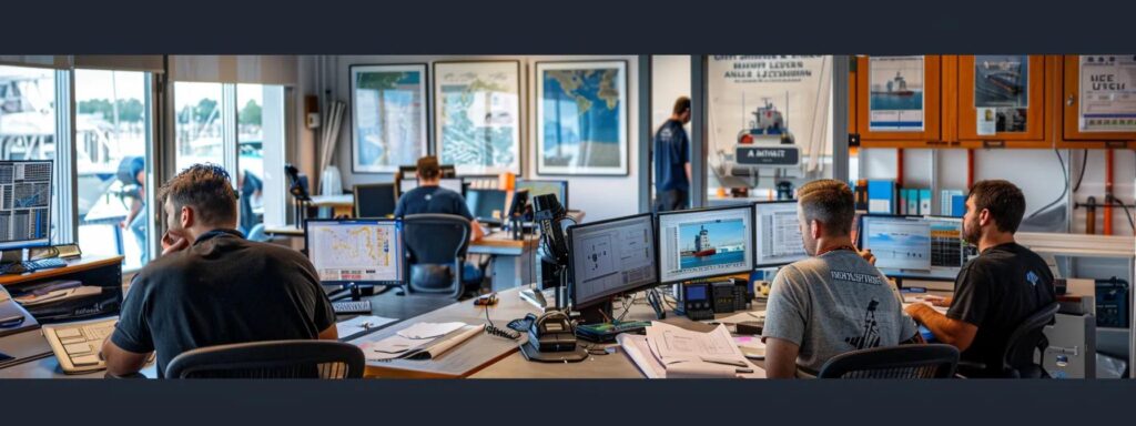 a bustling marine construction office in florida, with focused dock builders analyzing blueprints and digital dashboards, showcasing teamwork and advanced technology while discussing successful maintenance strategies.
