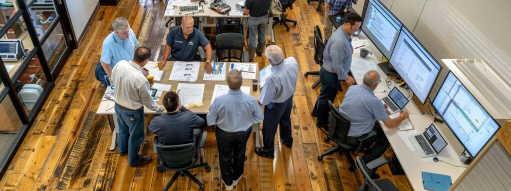 a bustling office environment features dedicated dock builders in florida engaged in a detailed discussion over architectural plans and permitting documents, with a backdrop of blueprints showcasing residential dock designs on a digital screen.
