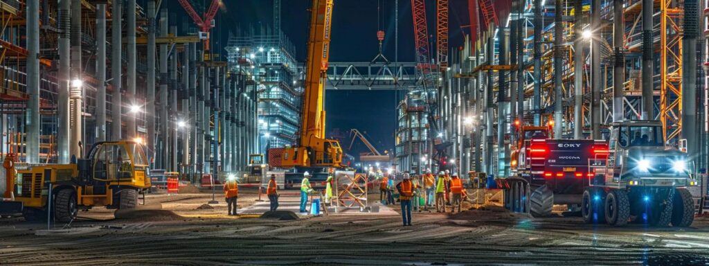 a bustling urban construction site showcases a team of engineers analyzing detailed blueprints and cost assessments for a large dock project, surrounded by cranes and machinery under the glow of industrial lighting.