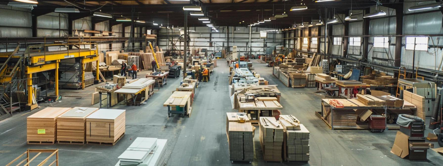 a bustling workshop filled with skilled dock builders in florida, meticulously planning and assembling custom dock layouts on large blueprints, surrounded by varied materials and tools, all under bright, focused overhead lighting.