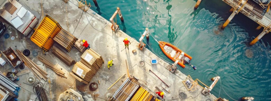 a busy construction site showcases diligent dock builders in florida, surrounded by blueprints and materials, as they strategically collaborate under the vibrant afternoon sun to effectively manage their project budget and construction timeline.