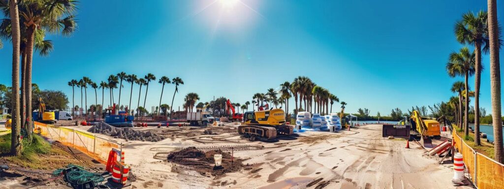 a busy florida dock construction site showcases hardworking builders adhering to osha safety standards, surrounded by safety barriers, forklifts, and scaffolding, all under a clear blue sky, emphasizing a culture of compliance and operational excellence.