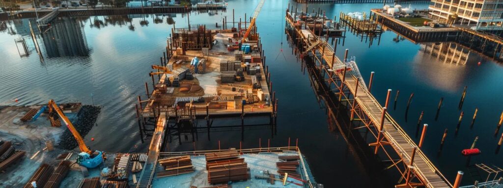 a busy waterfront construction site in florida showcases hardworking dock builders meticulously assembling standard pre-engineered docks, surrounded by stacks of durable materials like wood and metal, under the bright overhead lights of the site, emphasizing efficiency and craftsmanship.