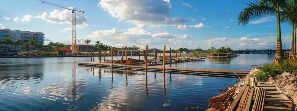 a cutting-edge construction site in florida showcases dock builders utilizing advanced sustainable materials and smart monitoring systems, framed by a sleek design of newly built docks under bright artificial lighting.