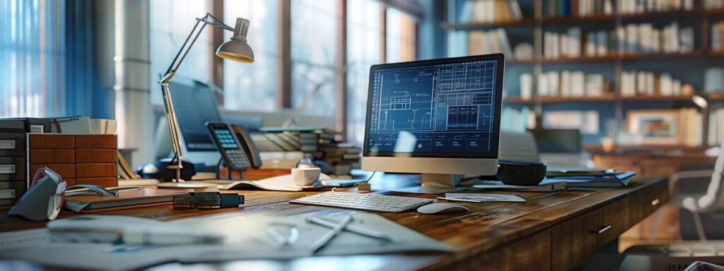 a detailed indoor workspace filled with architectural blueprints, materials, and digital screens, showcasing a professional evaluating the long-term maintenance requirements of wood and composite docks, highlighting the contrast in upkeep strategies.