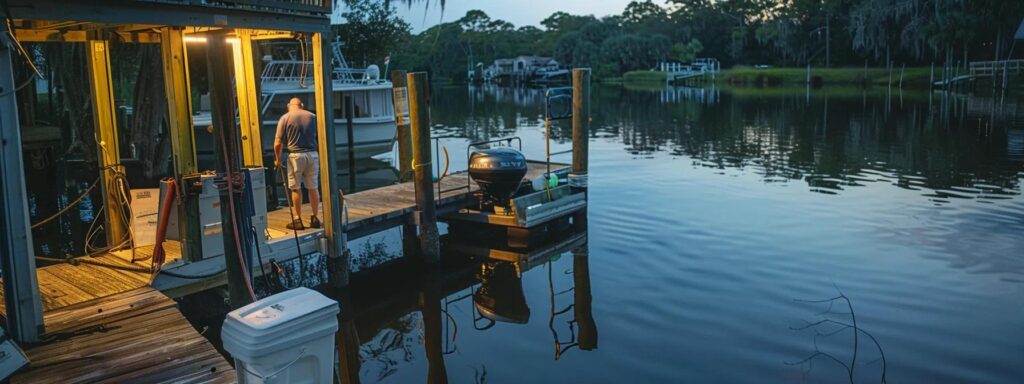 a detailed inspection of a residential dock in florida showcases an expert builder examining wears on dock levelers and structural elements under the bright, artificial lighting of the workshop, emphasizing the importance of identifying repair needs before choosing service.